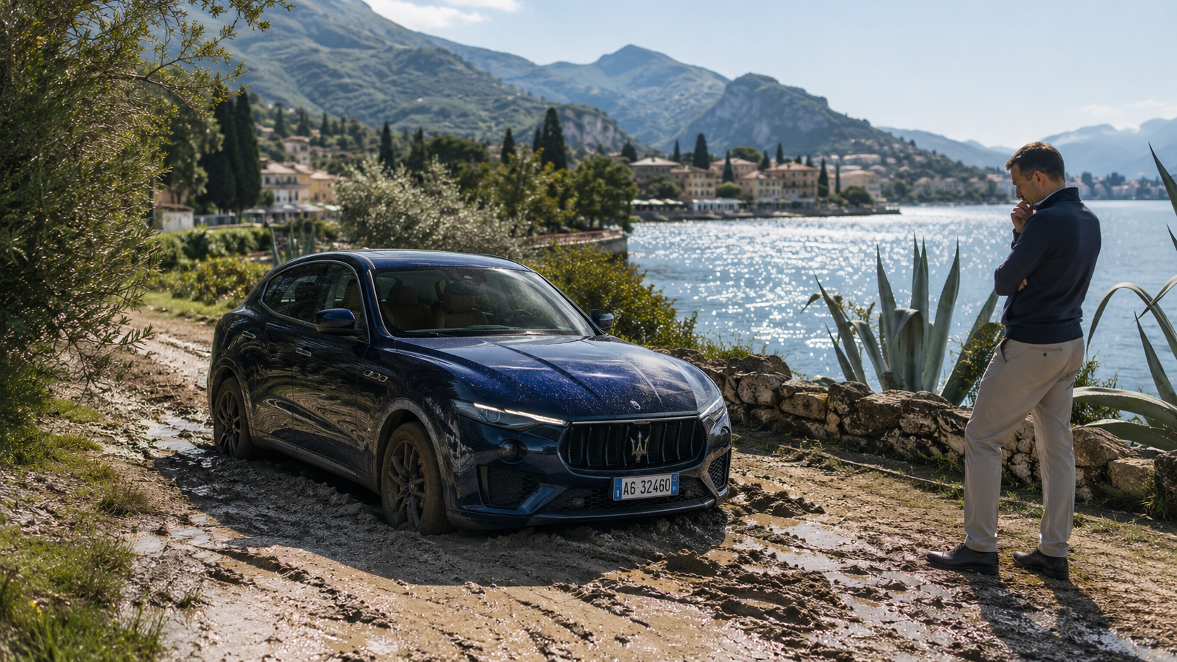 Auto di lusso ferma, carro attrezzi in arrivo