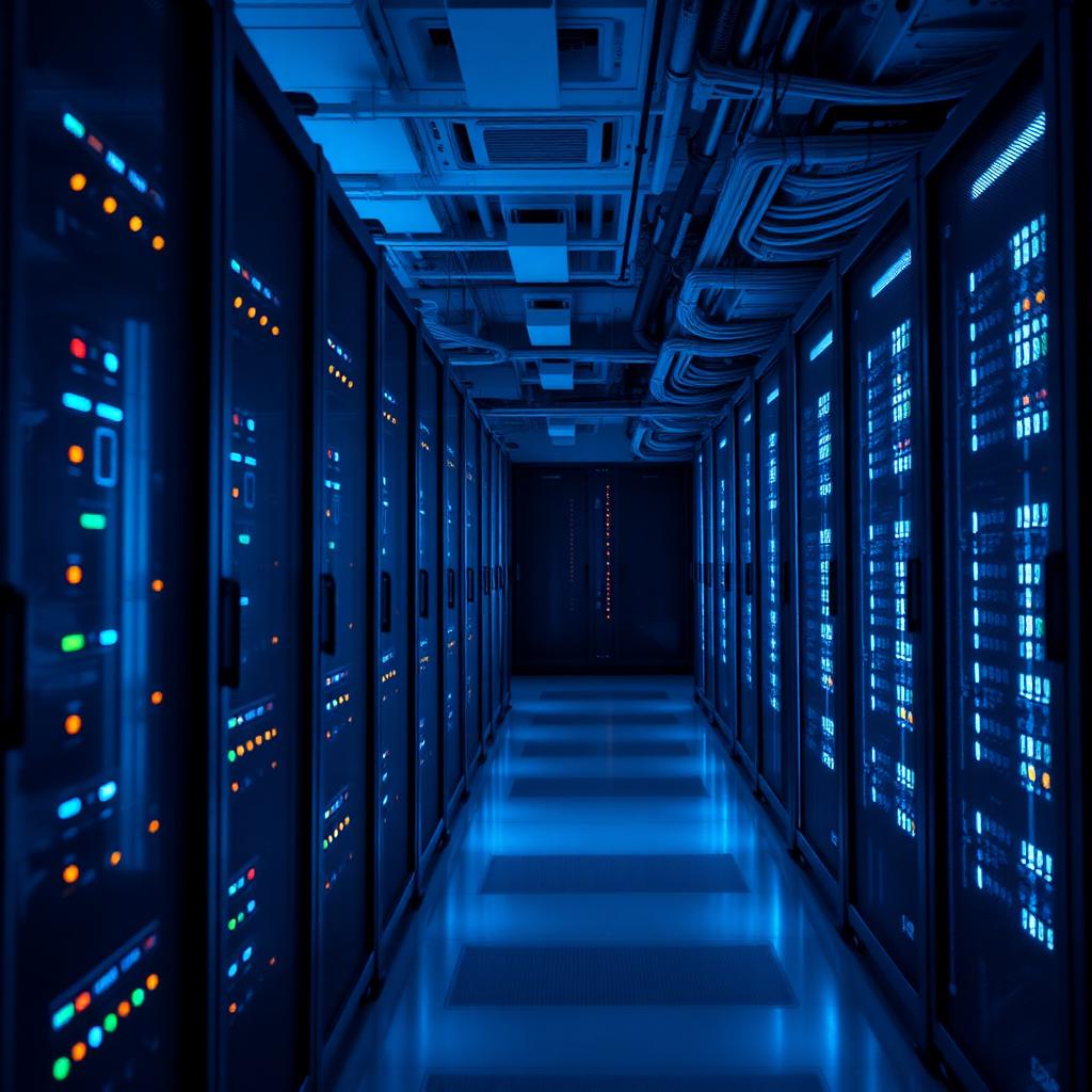 Serverraum mit blau beleuchteten Racks